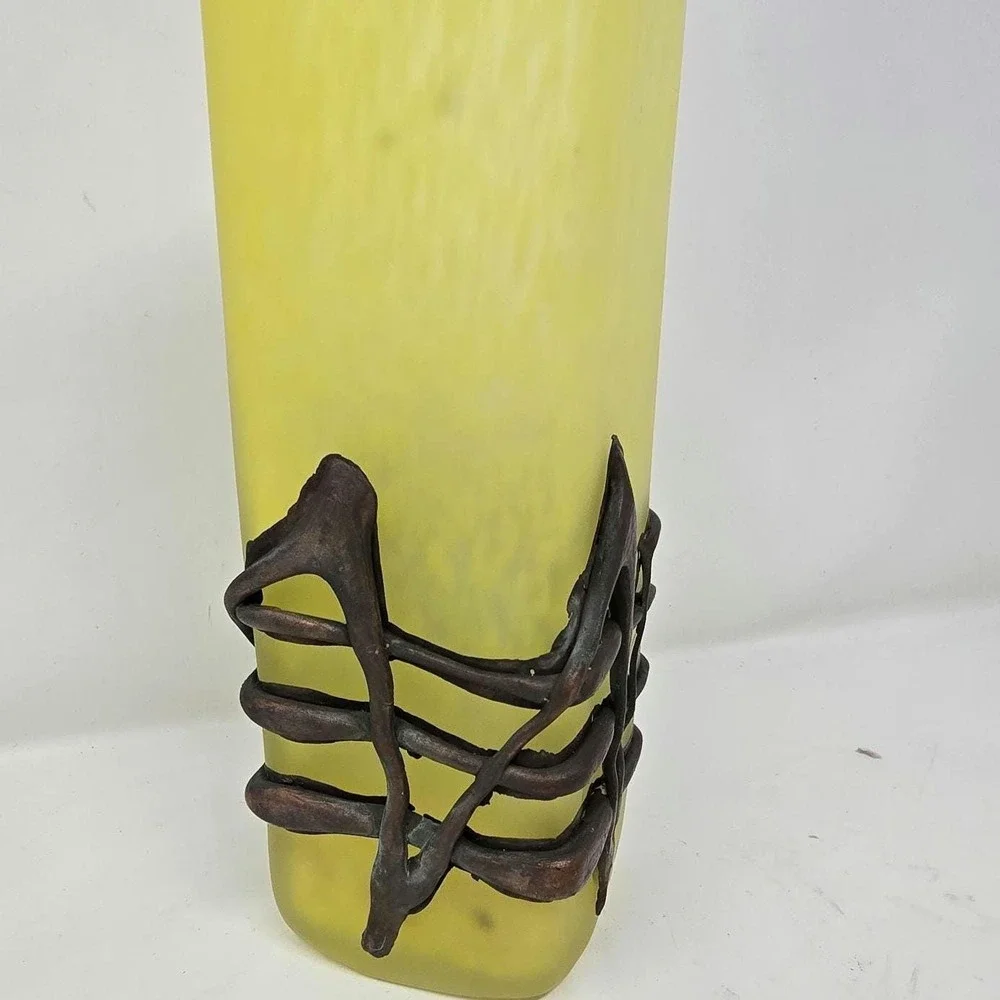 Vtg Germany romblast vase frosted yellow glass w/bronze metal art art‎ nouveau